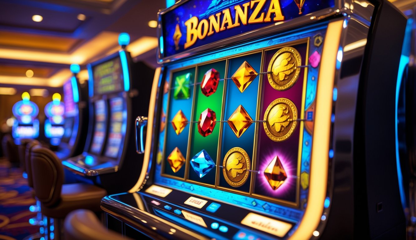 Mesin slot modern dengan simbol warna-warni di lantai kasino yang terang dan ramai.