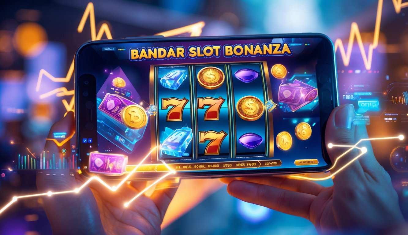 Seseorang memegang ponsel yang menampilkan permainan slot online dengan latar belakang grafis digital yang menggambarkan transaksi deposit pulsa.