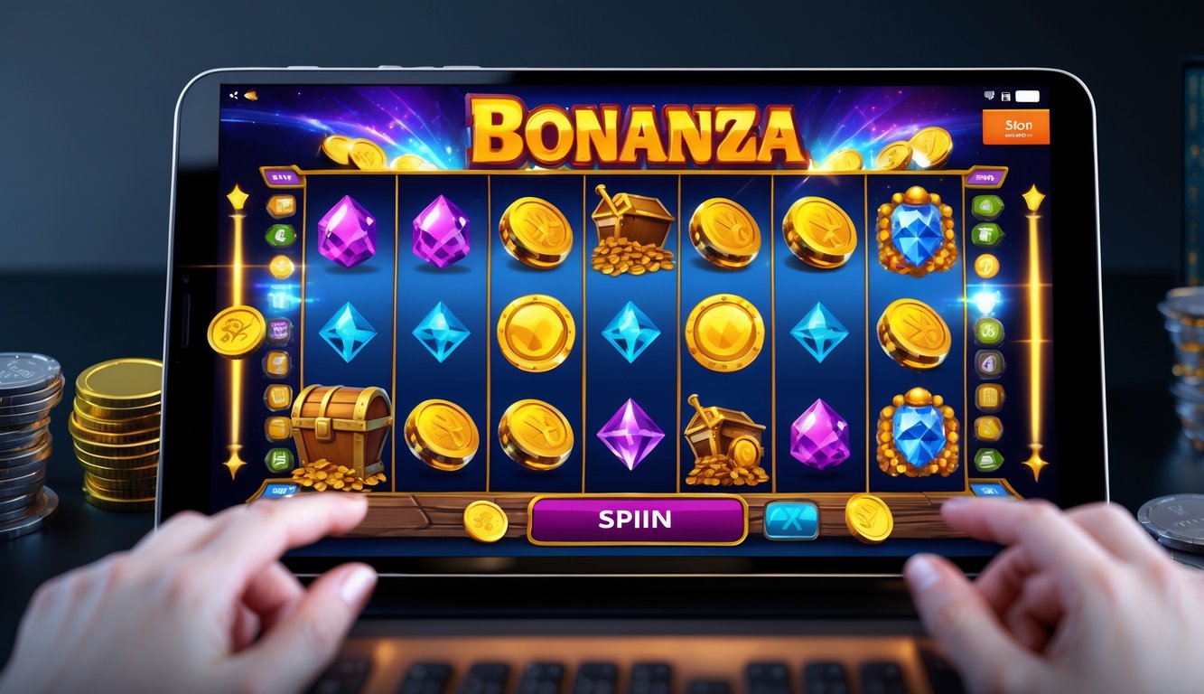 Tampilan layar perangkat menampilkan permainan slot online dengan koin emas dan simbol harta karun yang cerah dan menarik.