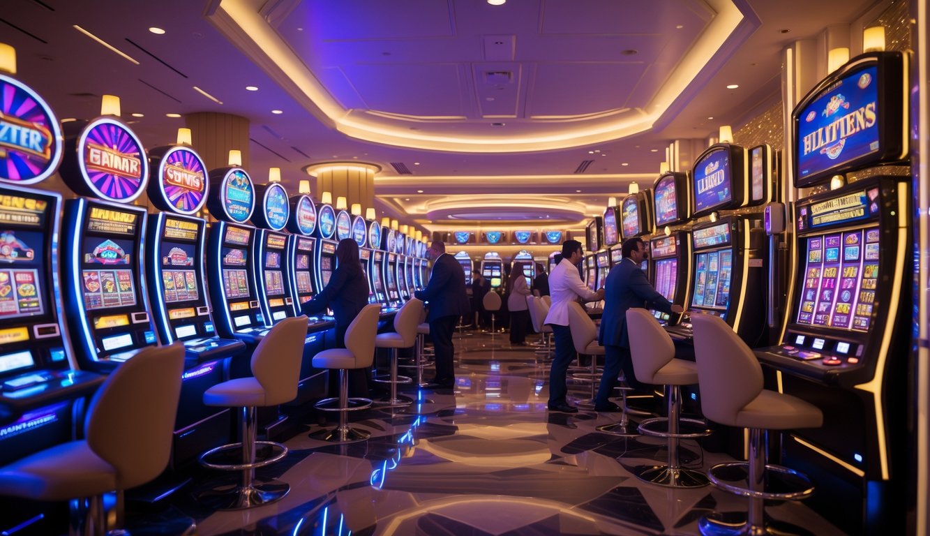 Area mesin slot kasino modern dengan lampu berwarna-warni dan orang-orang yang sedang bermain.