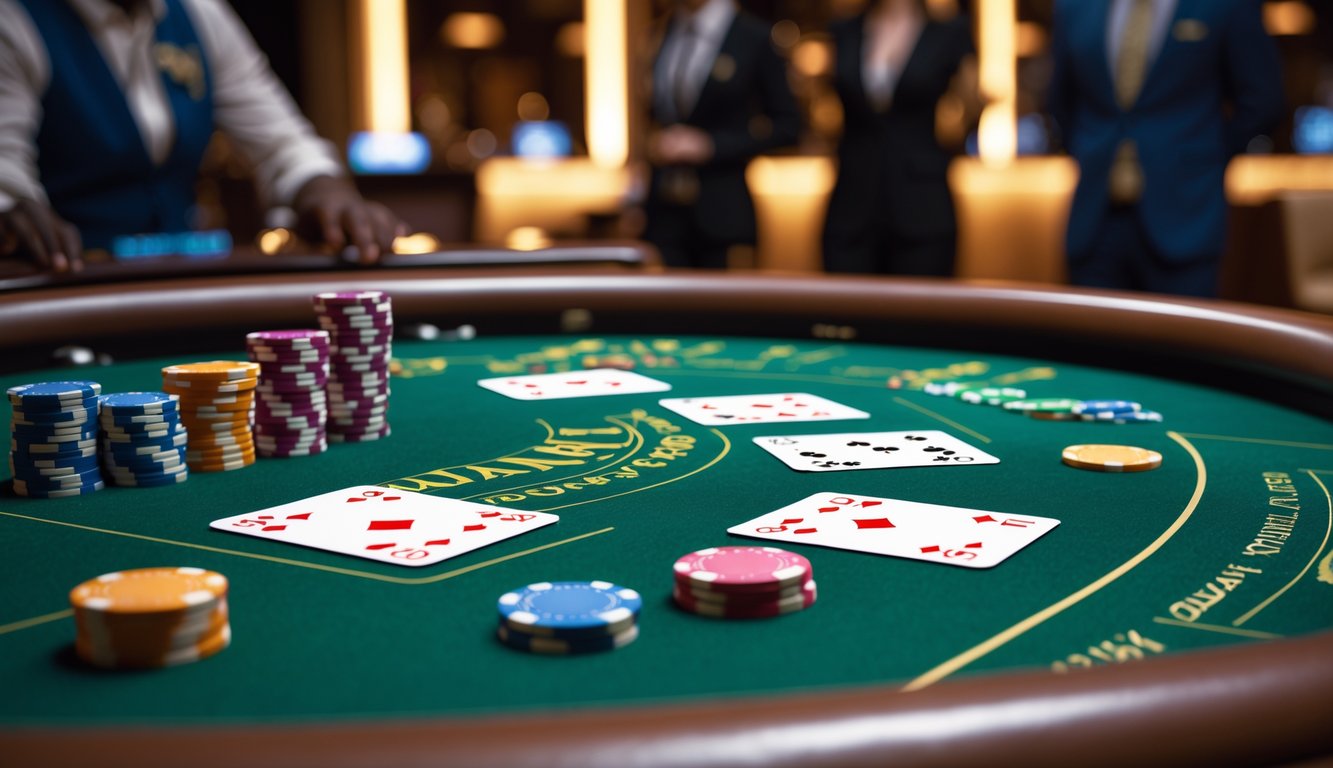 Meja permainan Bandar Ceme 2D dengan kartu dan chip poker yang tersusun rapi di kasino.