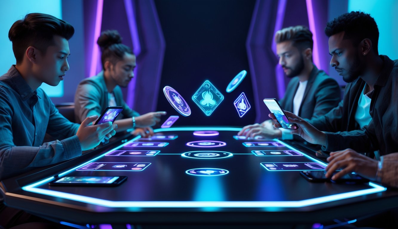 Beberapa orang bermain permainan kartu 3D secara online di meja permainan dengan pencahayaan biru dan ungu di ruangan modern.