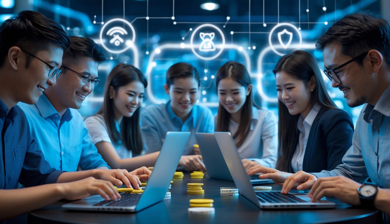 Sekelompok orang bermain permainan kartu Bandar Ceme secara online di perangkat digital dalam ruangan modern yang terang.