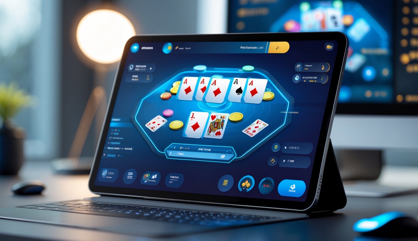 Sebuah setup permainan kartu digital dengan layar menampilkan permainan Bandar Ceme 2D dan chip taruhan di atas meja.