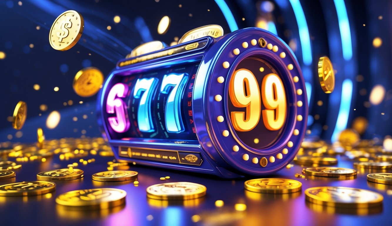Adegan jackpot 3D besar dengan mesin slot berwarna cerah dan koin emas berserakan di sekitarnya.