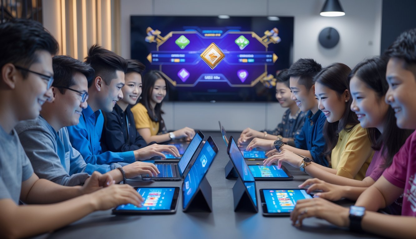 Beberapa orang sedang bermain permainan kartu digital Bandar Ceme 2D dengan perangkat elektronik di ruangan yang terang dan modern.