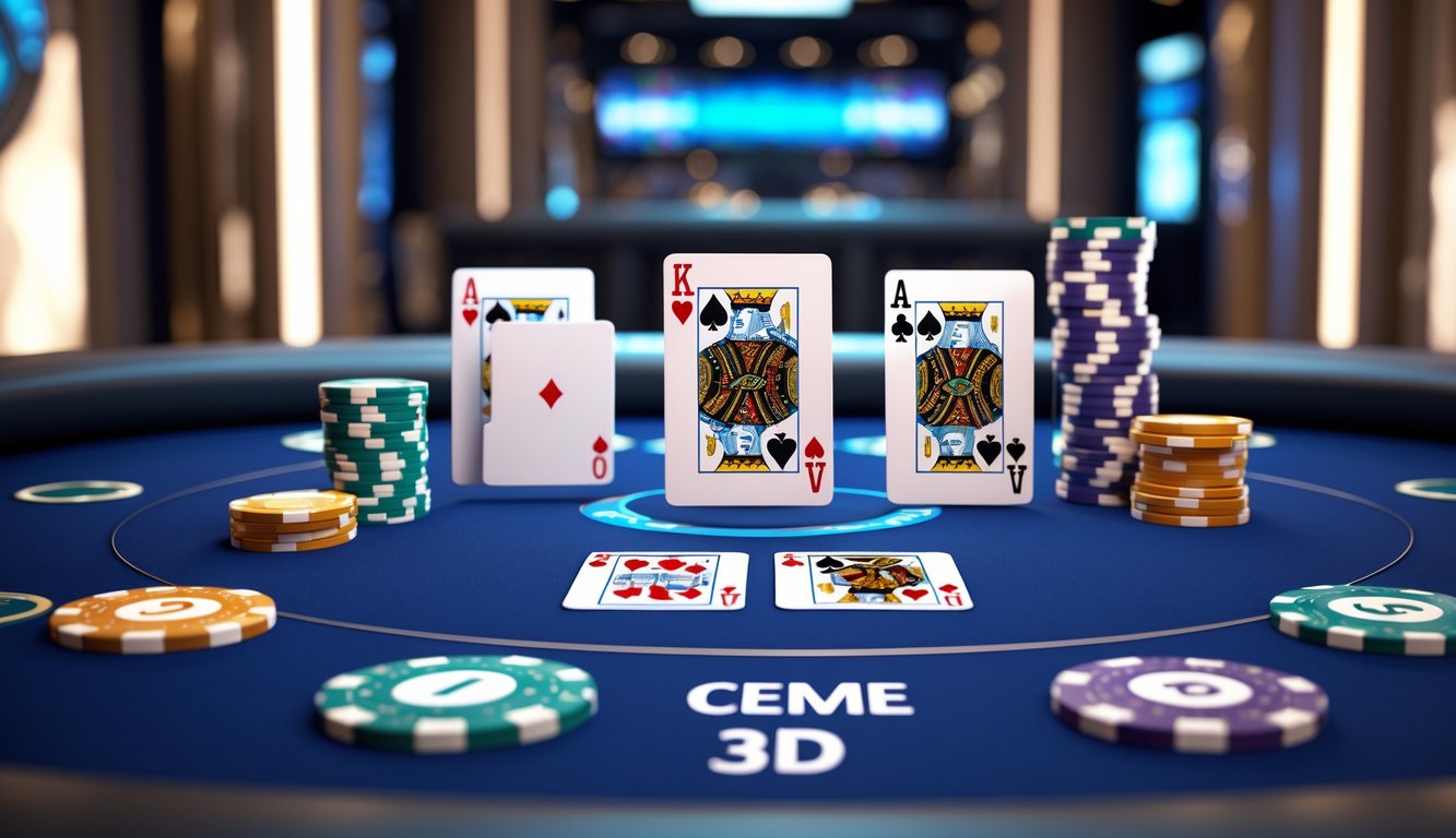 Meja permainan Bandar Ceme 3D dengan kartu dan chip taruhan di lingkungan kasino yang modern.