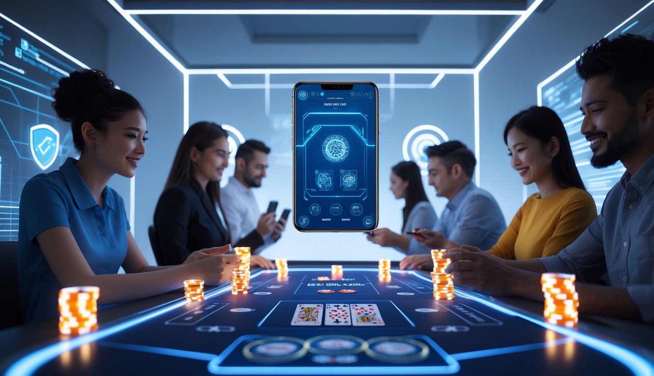 Suasana permainan kartu virtual Bandar Ceme yang aman dengan pemain menggunakan perangkat digital di meja permainan futuristik.