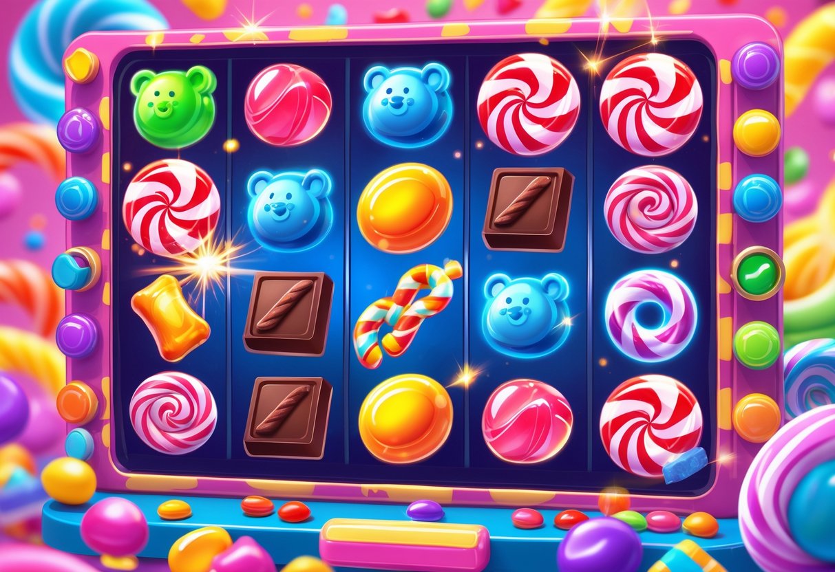 Ilustrasi mesin slot online dengan simbol permen berwarna-warni di latar belakang bertema dunia permen yang ceria.