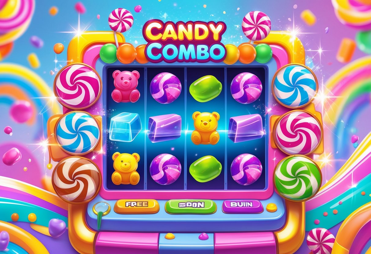 Ilustrasi mesin slot bertema permen dengan simbol permen berwarna-warni dan ikon bonus yang bersinar.