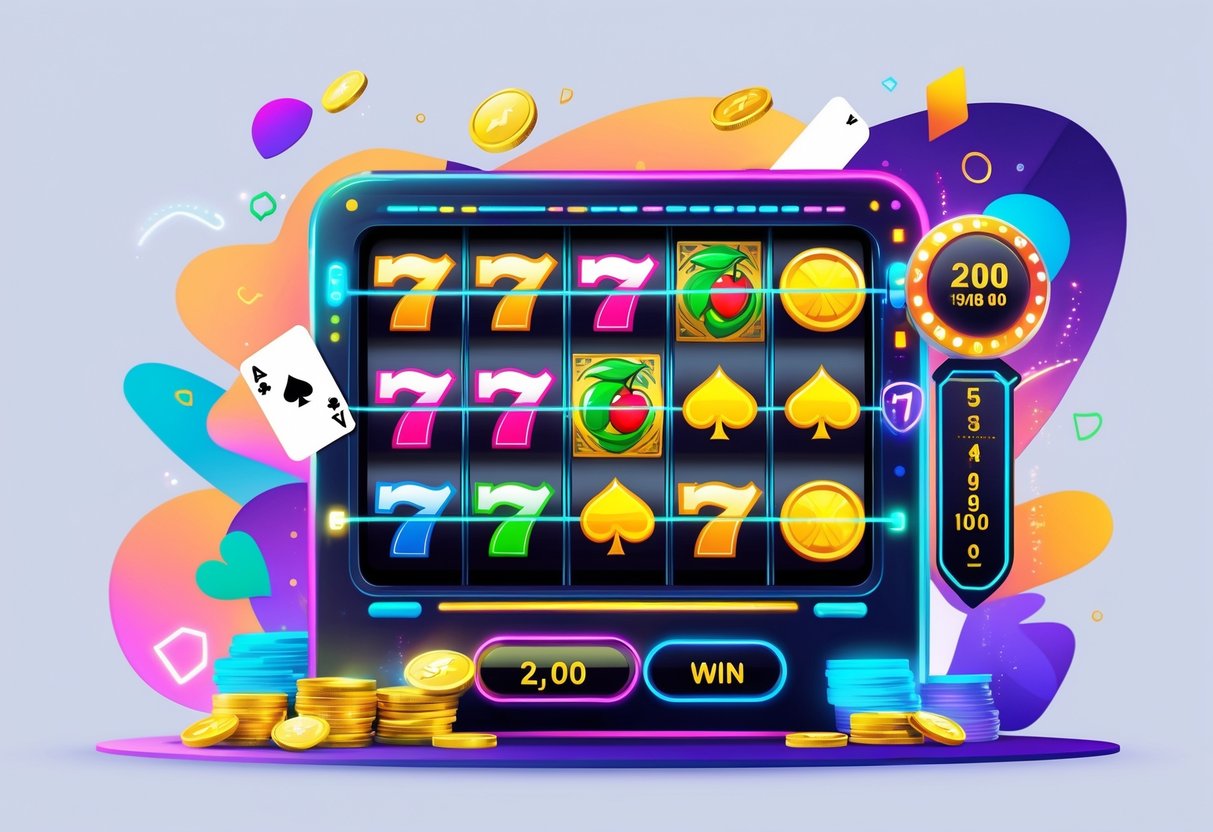 Ilustrasi mesin slot online dengan simbol koin emas, angka tujuh keberuntungan, dan buah-buahan berwarna cerah, dikelilingi oleh chip poker dan kartu bermain.
