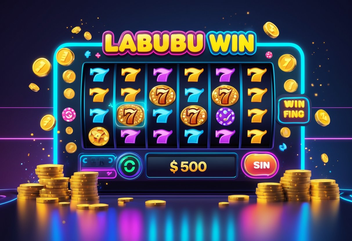 Ilustrasi mesin slot online dengan simbol warna-warni dan koin yang berjatuhan, menggambarkan suasana kemenangan dalam permainan Labubu Win.