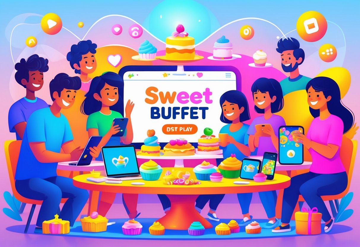Ilustrasi pemain yang sedang menikmati permainan SWEET BUFFET dengan meja penuh makanan penutup berwarna-warni dan perangkat digital di sekitarnya.