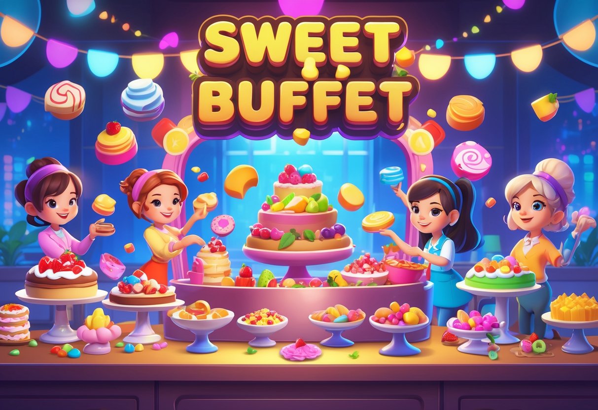 Ilustrasi meja prasmanan penuh makanan manis dengan karakter permainan yang berinteraksi di sekitarnya, menggambarkan mekanisme dan fitur permainan SWEET BUFFET.