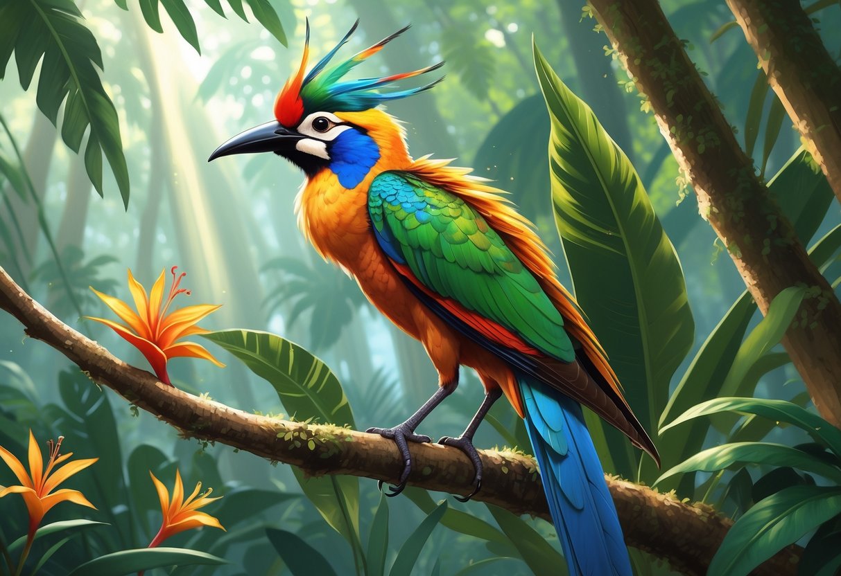 Burung Cenderawasih langka dengan bulu berwarna-warni duduk di cabang pohon di hutan tropis yang rimbun.