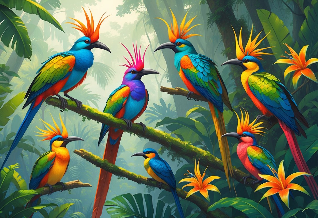 Beberapa burung cenderawasih langka dengan bulu warna-warni sedang bertengger di ranting pohon di hutan tropis yang rimbun.
