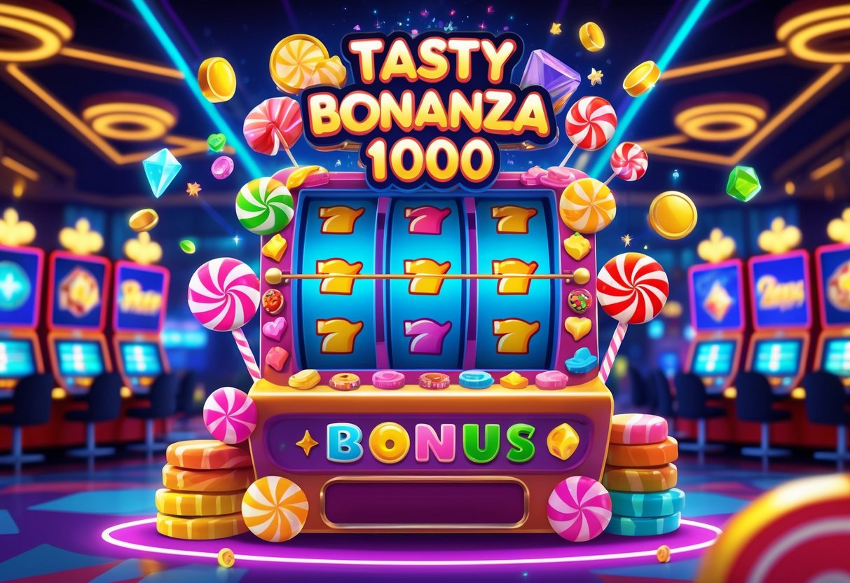 Ilustrasi mesin slot bertema permen dengan koin emas dan simbol kemenangan di latar kasino yang cerah dan ramai.