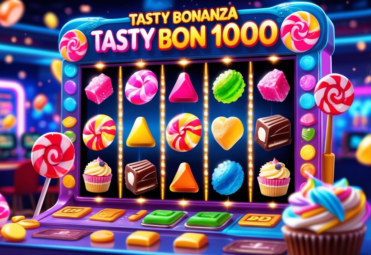 Ilustrasi mesin slot berwarna-warni dengan berbagai permen dan kue, berada di latar belakang suasana kasino yang cerah dan hidup.