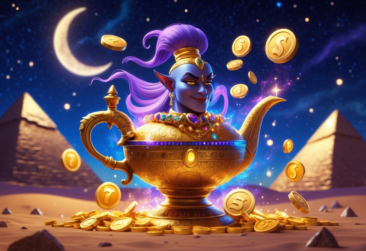 Ilustrasi seorang jin emas muncul dari lampu kuno di tengah latar malam gurun dengan koin emas berkilauan dan simbol mesin slot mengelilinginya.