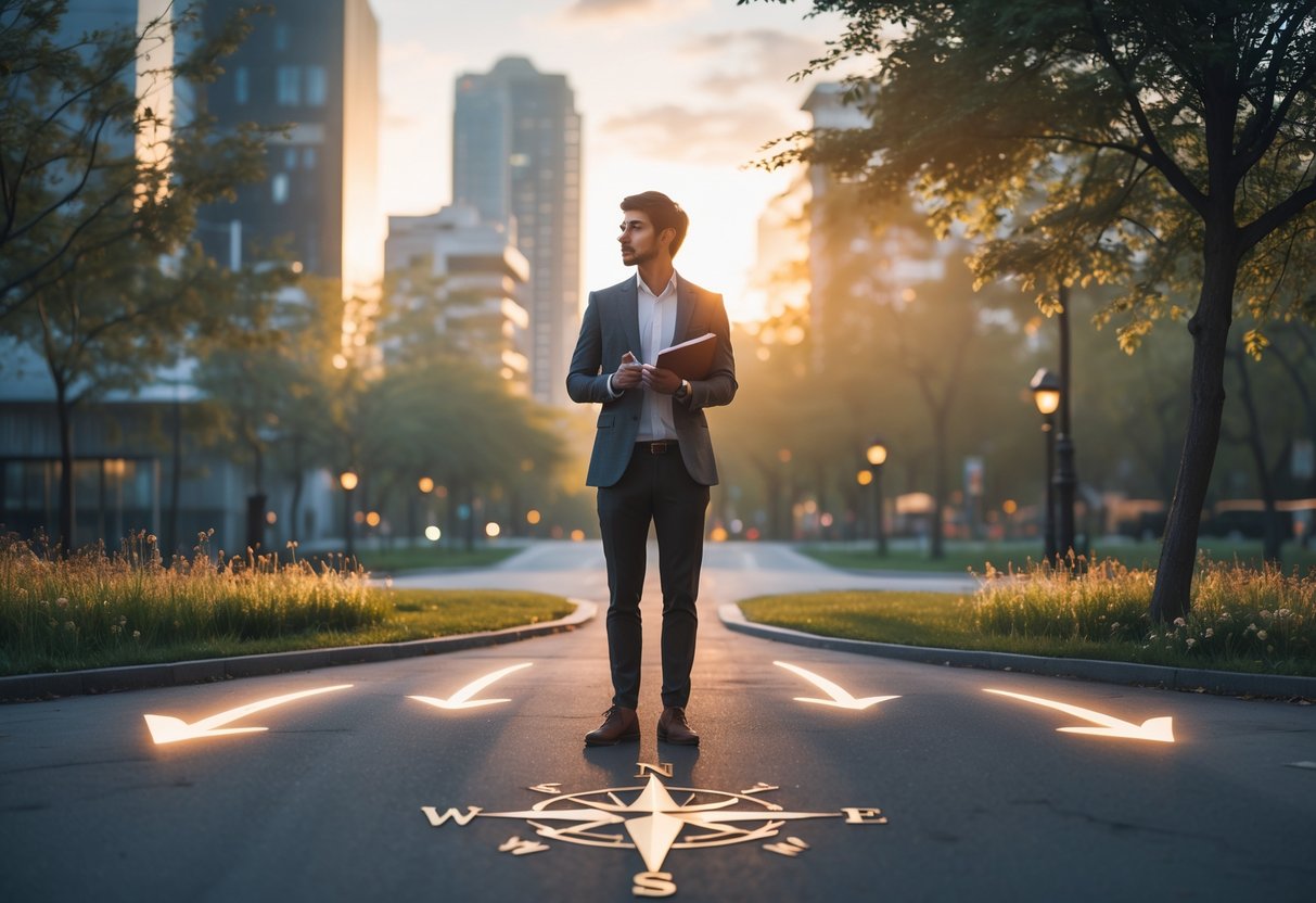 A young adult standing at a crossroads in a park, holding a notebook and pen, surrounded by city buildings and trees during sunset.