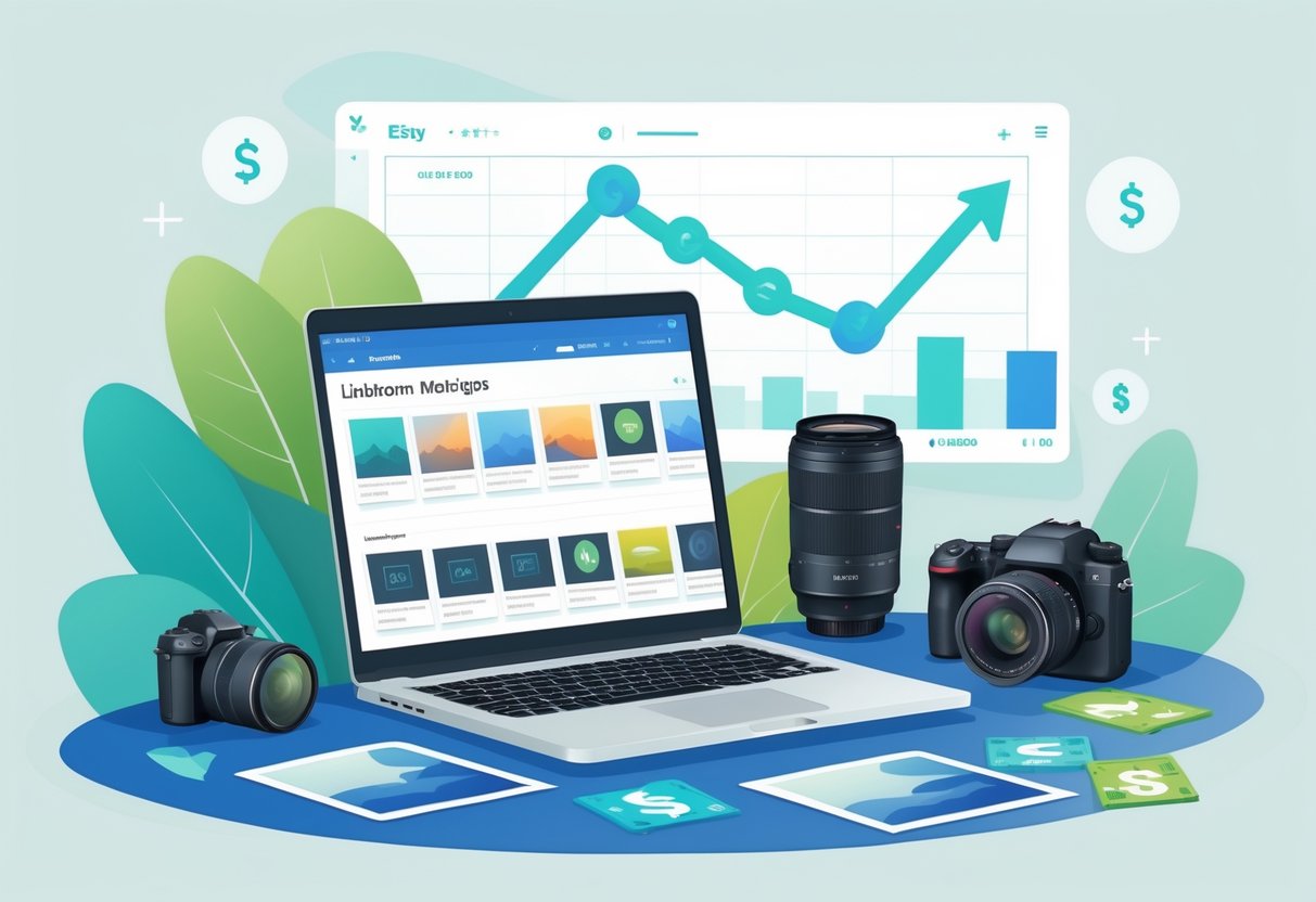 A workspace with a laptop showing an online marketplace for Lightroom presets, surrounded by photography gear and a chart indicating steady financial growth.