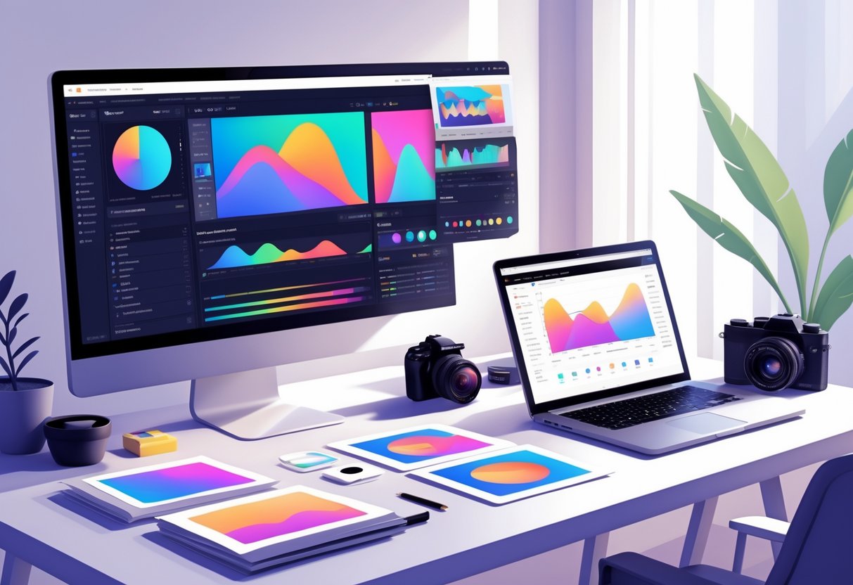 A workspace with a computer showing photo editing software, a camera, printed photos, and a laptop displaying sales data, suggesting online selling of photography presets.