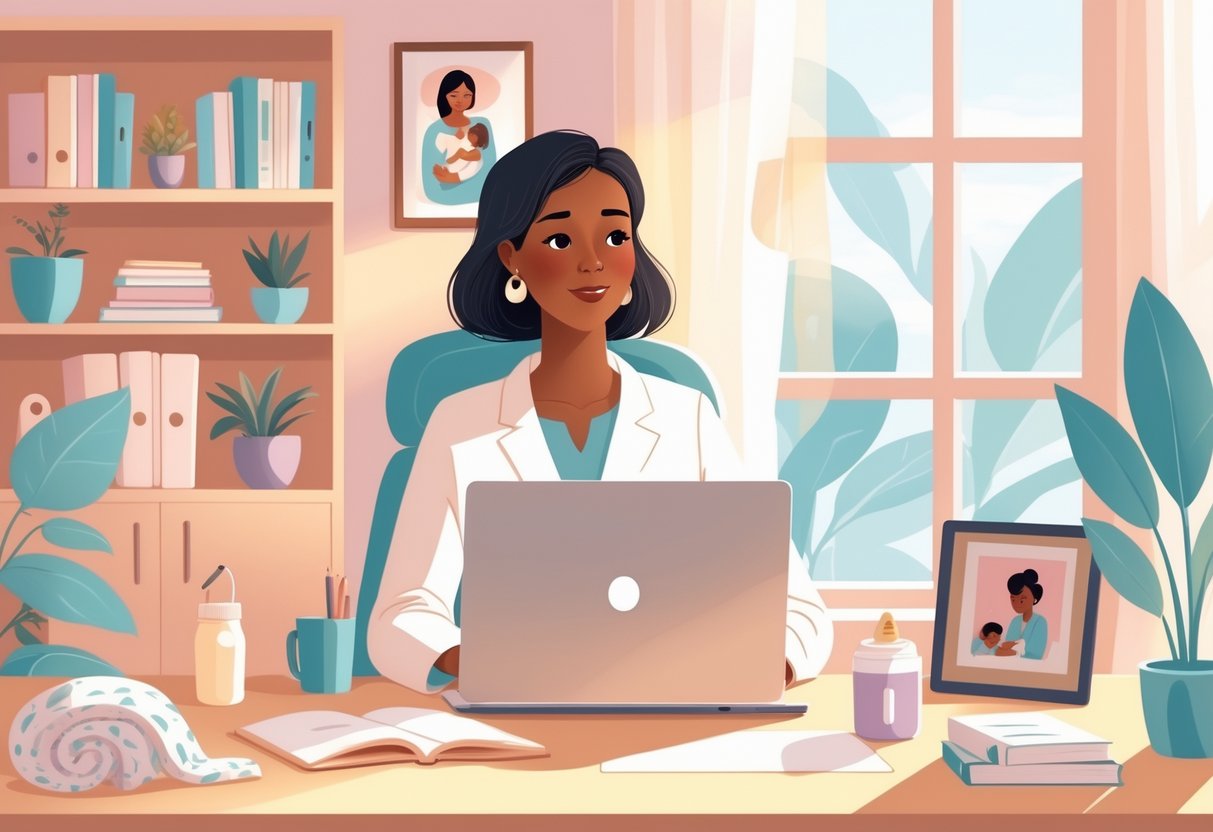 A woman working at her desk in a cozy home office with baby items nearby, symbolizing coaching for postpartum mothers.
