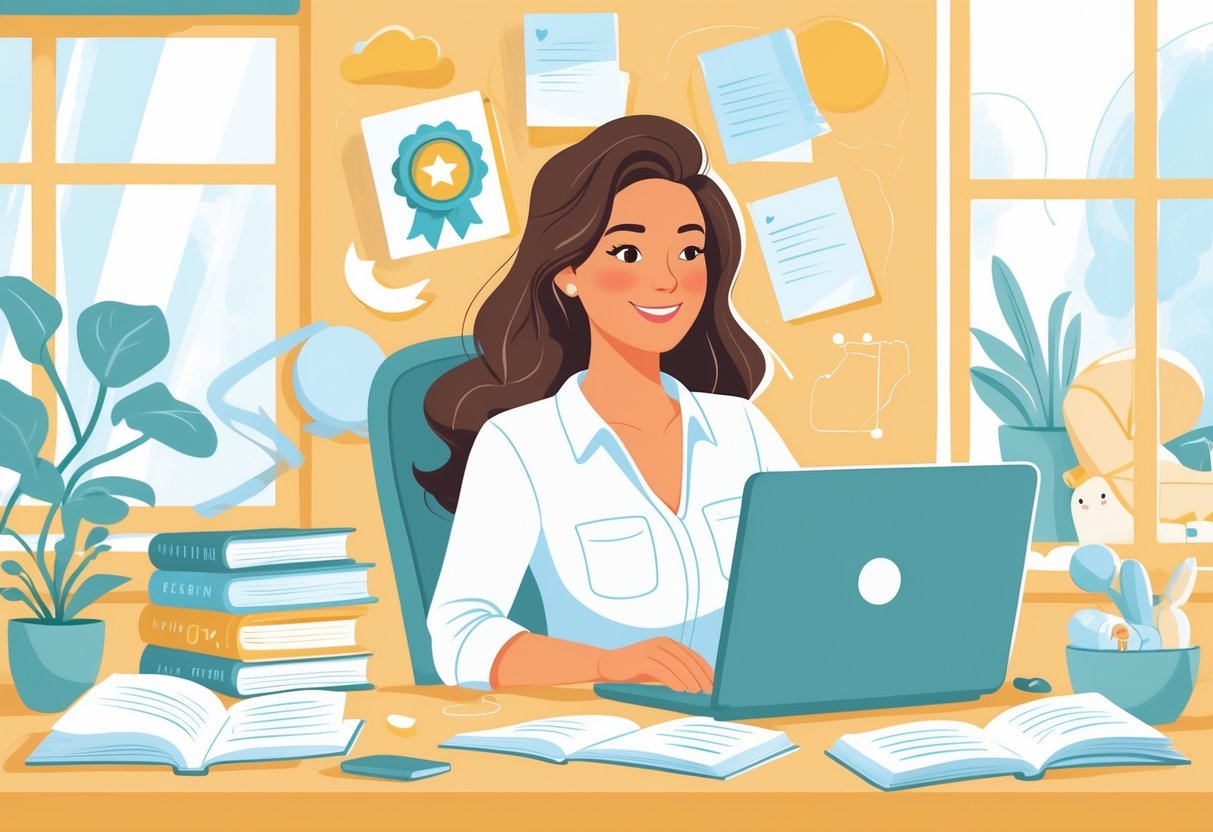 A woman working at a home office desk with books, a laptop, and baby items nearby, symbolizing learning and building expertise while caring for a newborn.