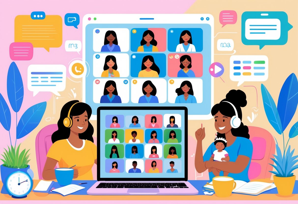 A group of mom coaches participating in a virtual webinar from home, using laptops and headsets in a cozy setting.