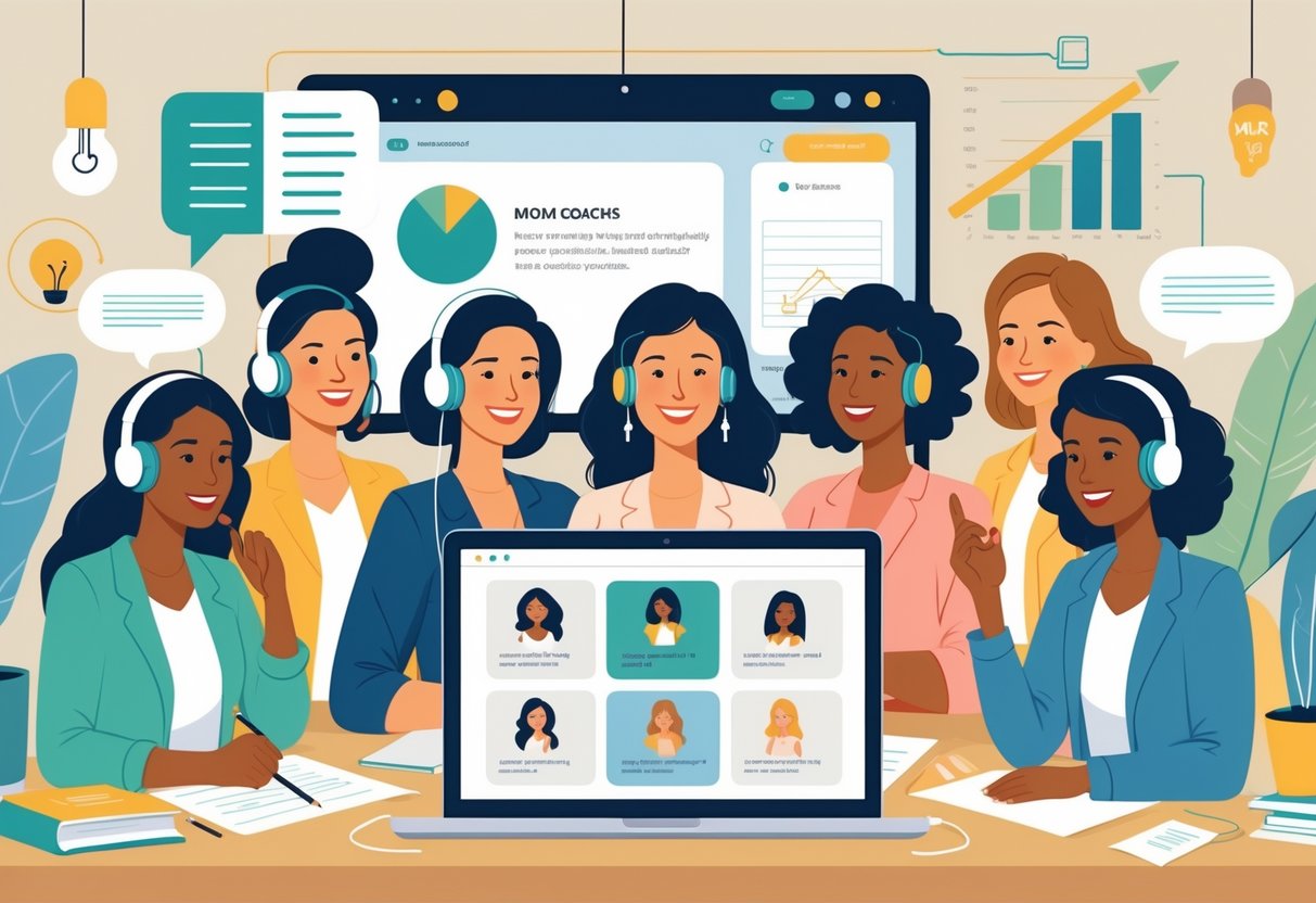 A group of mom coaches participating in a webinar from their home offices, using laptops and headphones, appearing engaged and supportive.