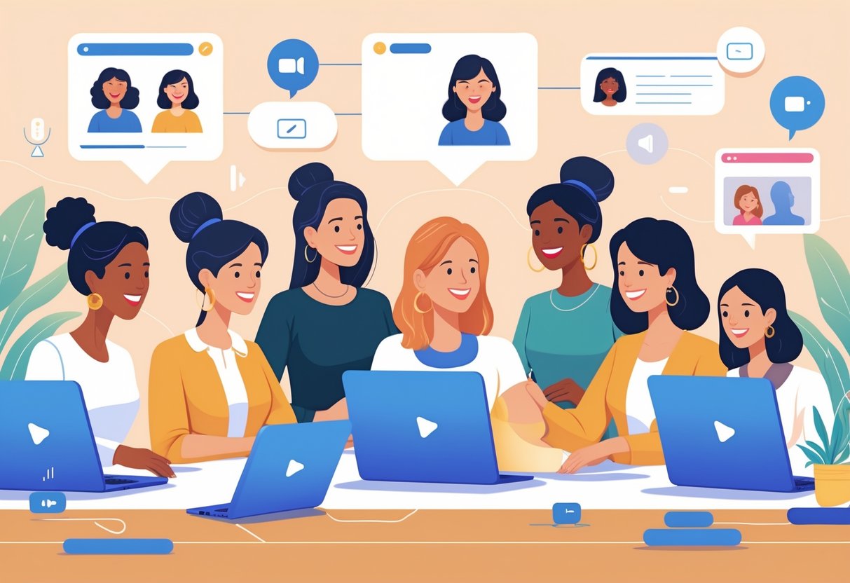 A group of diverse women participating in an online webinar from their homes, using laptops and tablets in a collaborative virtual coaching session.