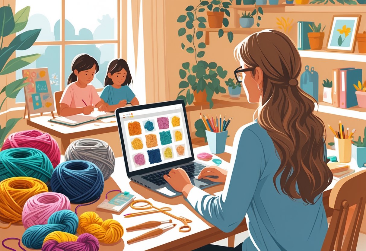 A person working on a laptop surrounded by crochet supplies while two children study at a table in a cozy home setting.