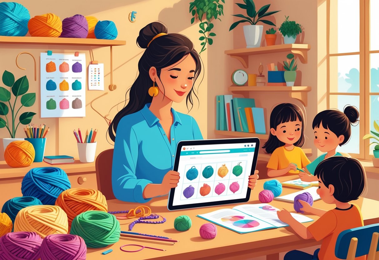 A woman working on crochet designs at a desk with yarn and tools, while two children study nearby in a cozy home setting.