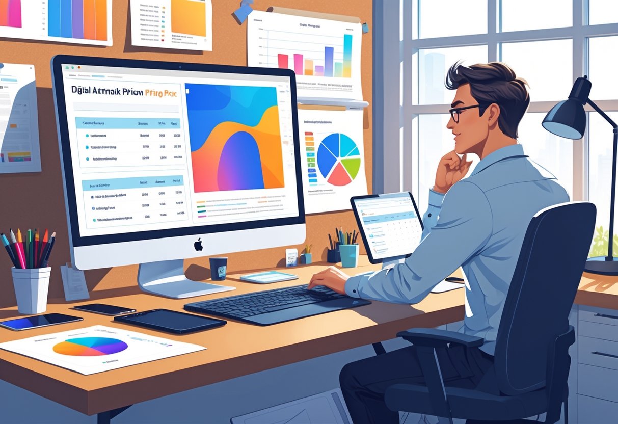 An artist at a desk reviewing digital artwork on a computer with pricing charts and art supplies around them in a bright studio.