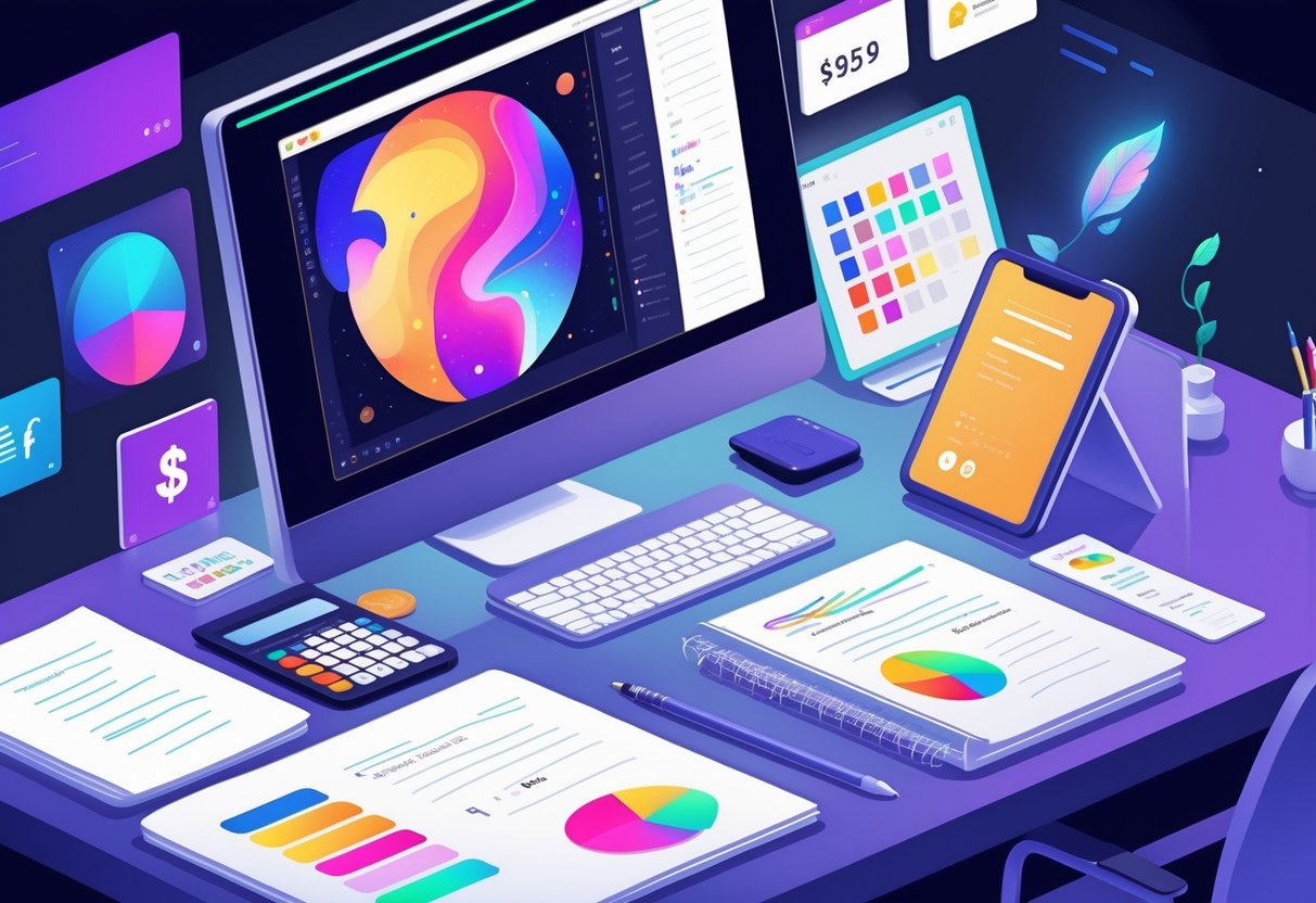 A workspace with a computer showing digital art, a notebook with notes, a calculator, and tools symbolizing digital creativity and pricing.