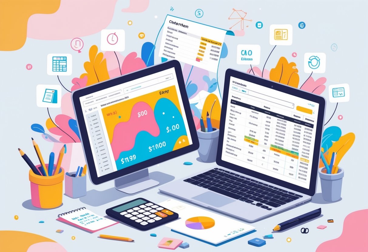 An artist's workspace with a digital tablet, calculator, notebook, and laptop showing calculations and artwork, representing careful pricing and cost consideration.