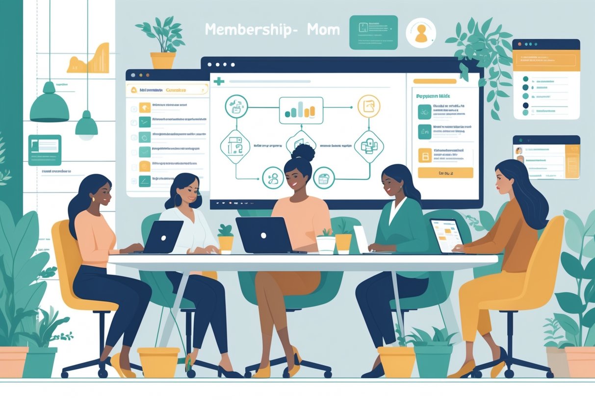 A group of diverse mom entrepreneurs working together in a home office, using laptops and tablets to build an online membership site.