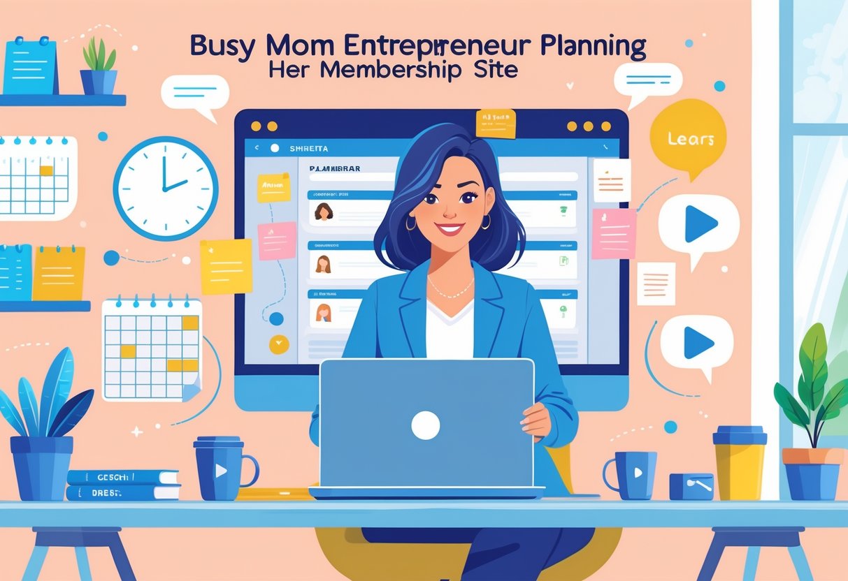 A mom entrepreneur working at her desk with a laptop, calendar, and smartphone in a cozy home office.