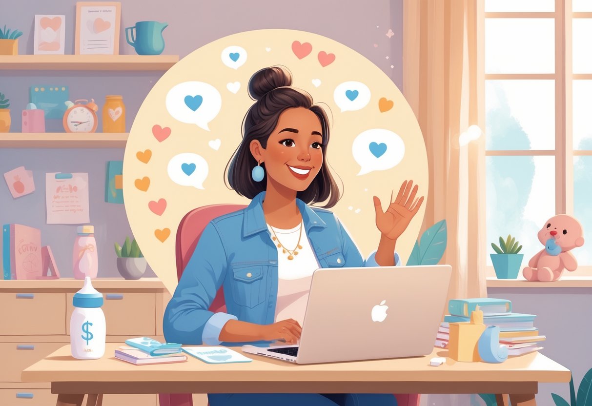 A mom sitting at a desk with a laptop, surrounded by parenting items, interacting with supportive online community icons.