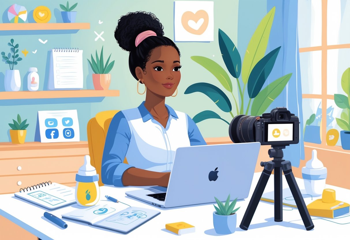 A mom working at her desk with a laptop and camera, surrounded by parenting items and a cozy home office setting.