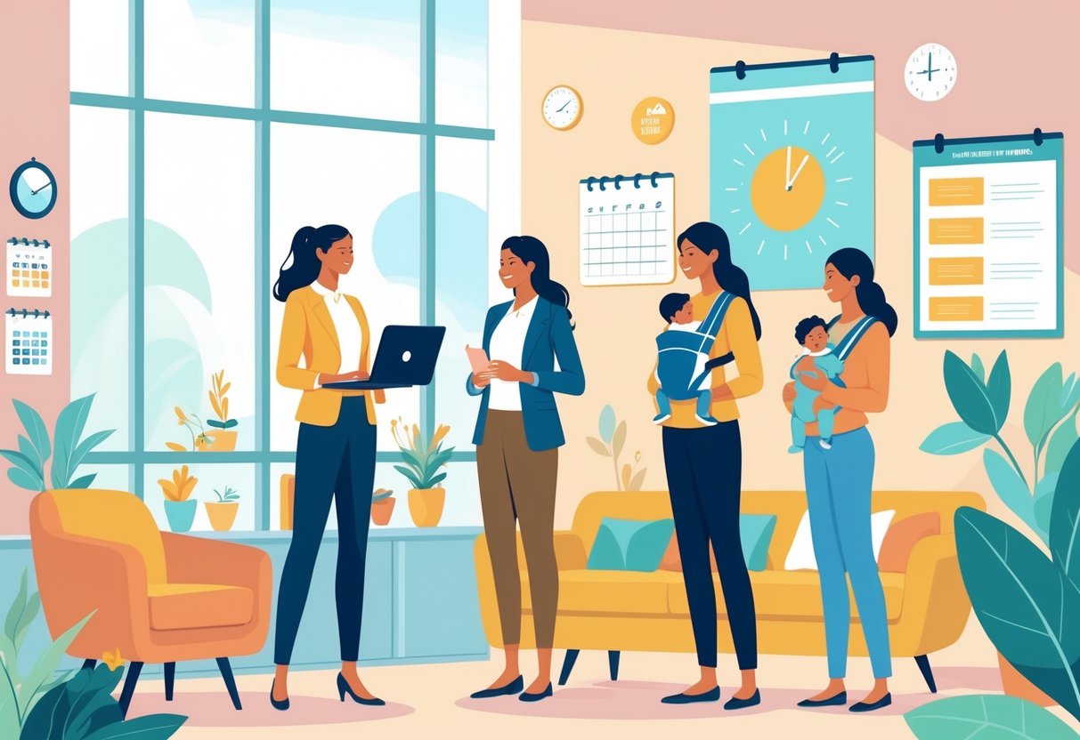 A group of mothers in an office setting, one holding a laptop and another with a baby carrier, engaged in a supportive conversation surrounded by elements representing work-life balance.