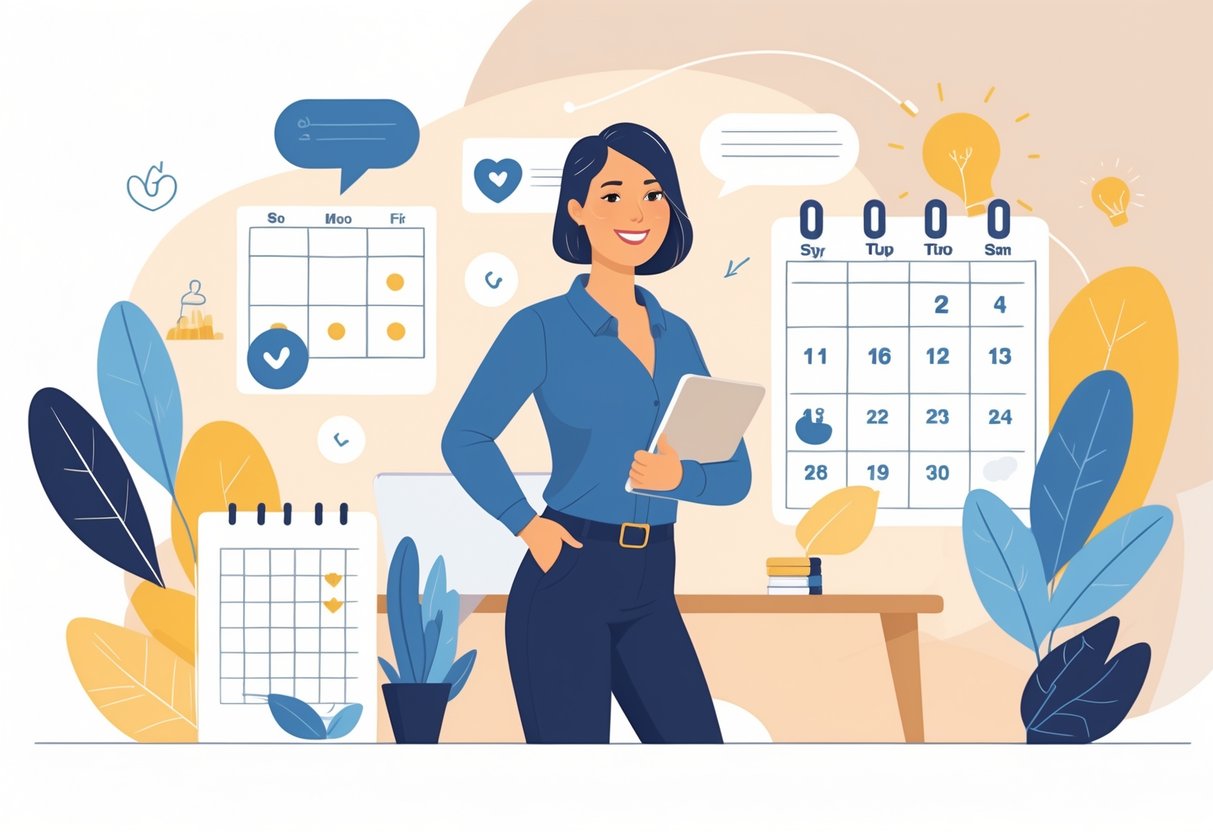 A confident mother holding a laptop in a modern office, surrounded by symbols of coaching and support, ready to return to work after maternity leave.