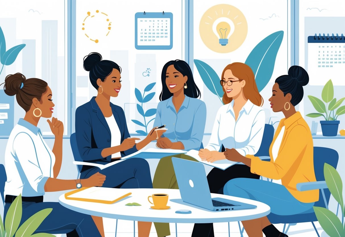 A group of working mothers in an office engaged in supportive coaching and conversation, with items like a laptop and baby toy nearby.