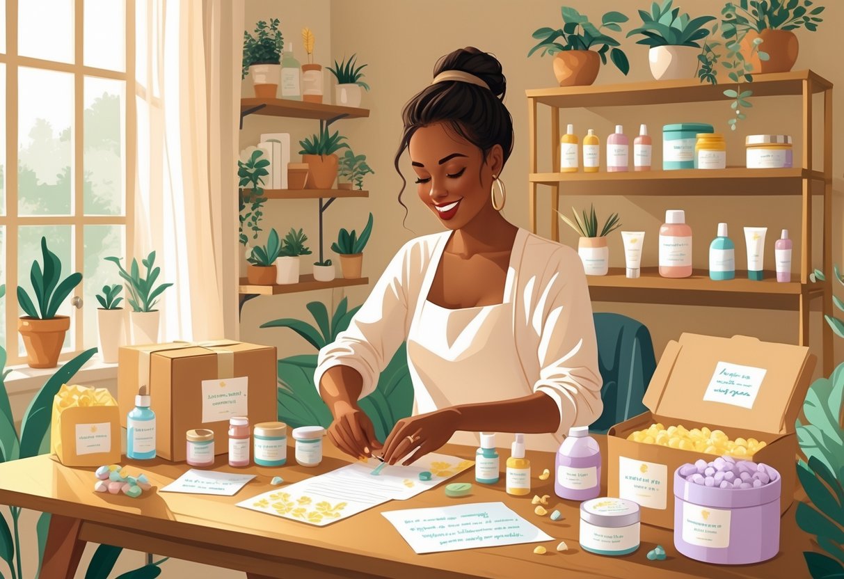 A woman assembling self-care subscription boxes at a cozy home workspace with various skincare and relaxation items on the table.