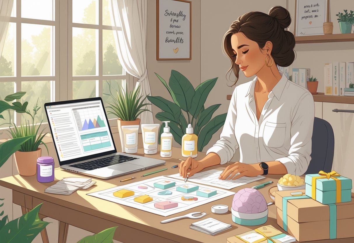 A woman at a home desk surrounded by self-care products and packaging materials, planning a subscription box business.