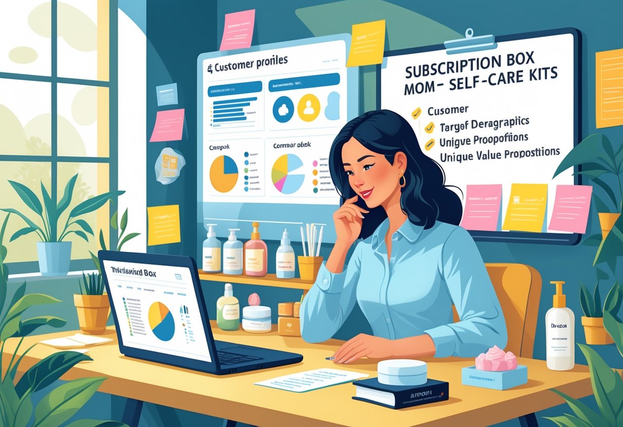 A woman working at a desk from home surrounded by self-care products and charts, planning a subscription box business for moms.