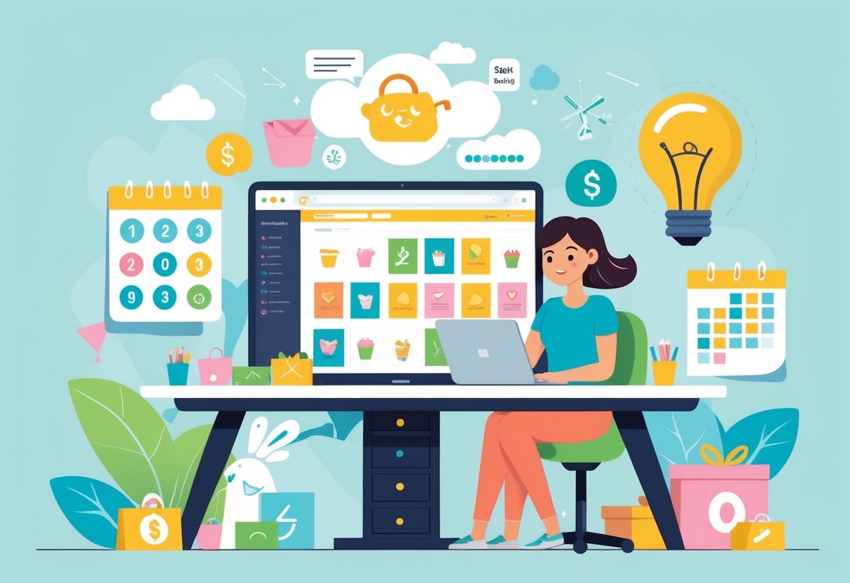 A person working at a desk with a laptop showing party decoration items, surrounded by symbols of zero investment, checklists, and crafting tools.