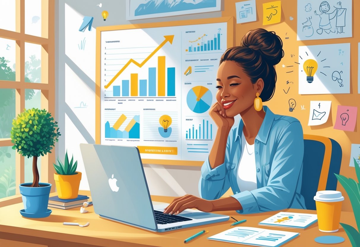 A mompreneur in her home office surrounded by symbols of growth and success, looking thoughtfully at a vision board, with a plant, laptop, and children's drawings nearby.