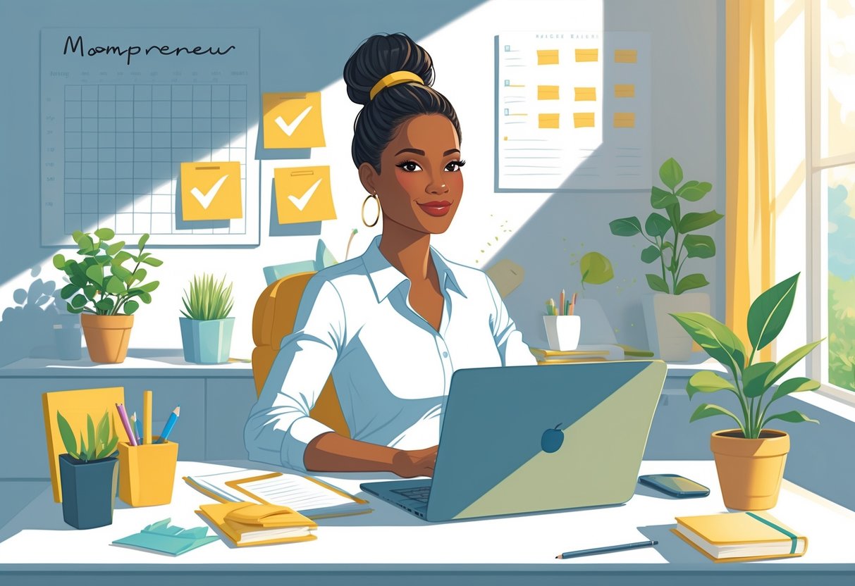 A confident woman working at a desk in a bright home office, surrounded by plants and notes, symbolizing growth and overcoming self-doubt.