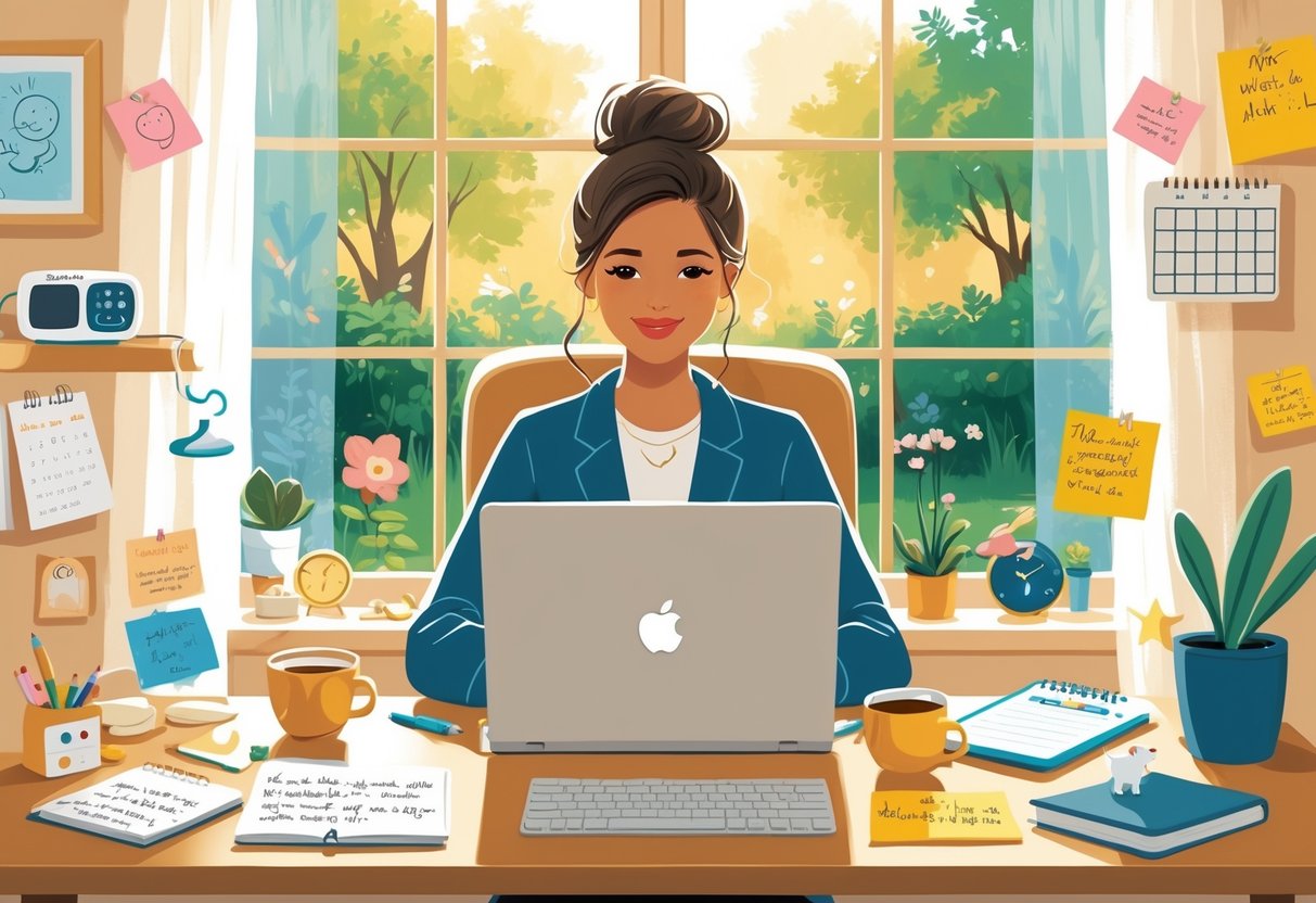 A focused mother working at a desk with a laptop, surrounded by children's items and work materials in a bright home office.